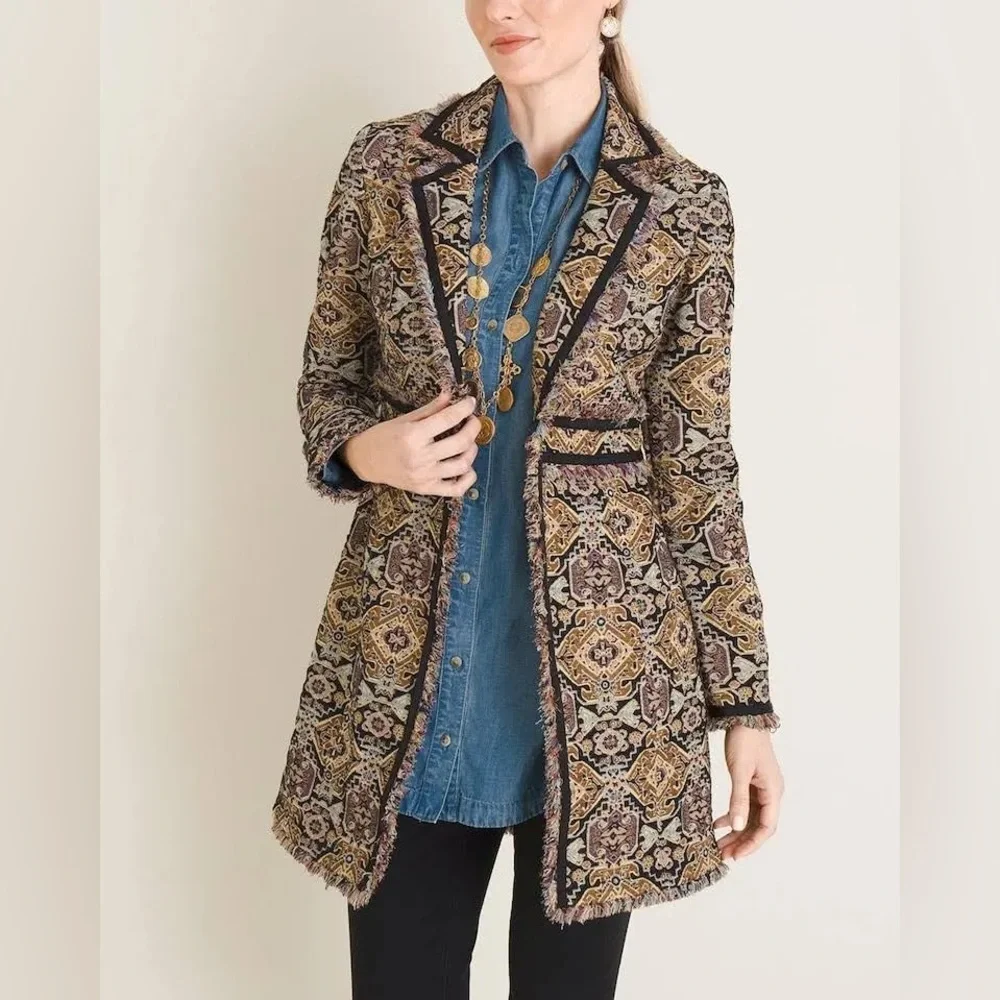 Chico’s Metallic Boho Long Length Jacquard Fringe Jacket Sz 1 (8-10)